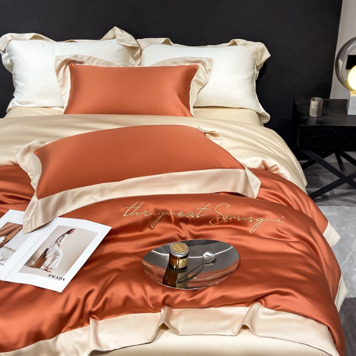 91家纺网 家纺一手货源 找家纺 春夏新品超细旦冷凝刺绣四件套100%莱赛尔高档礼盒装 焦糖咖-缦悦-超细旦