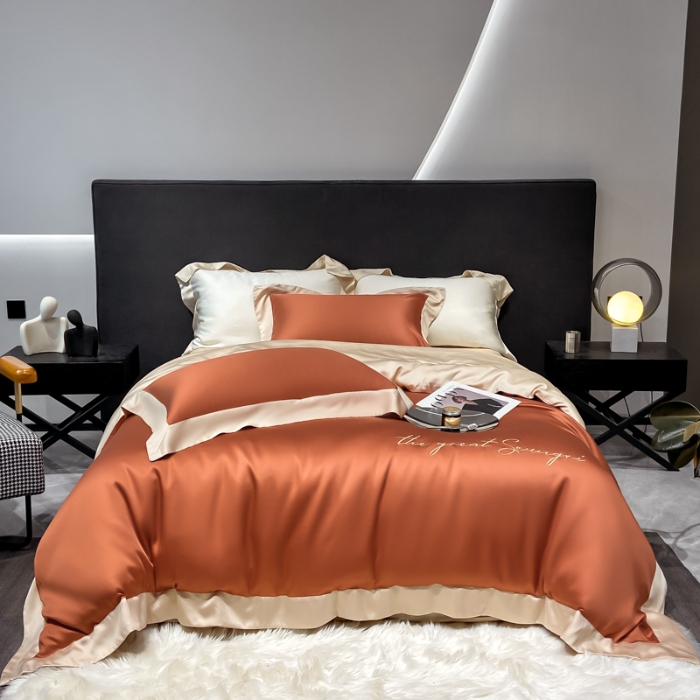 91家纺网 家纺一手货源 找家纺 春夏新品超细旦冷凝刺绣四件套100%莱赛尔高档礼盒装 焦糖咖-缦悦-超细旦