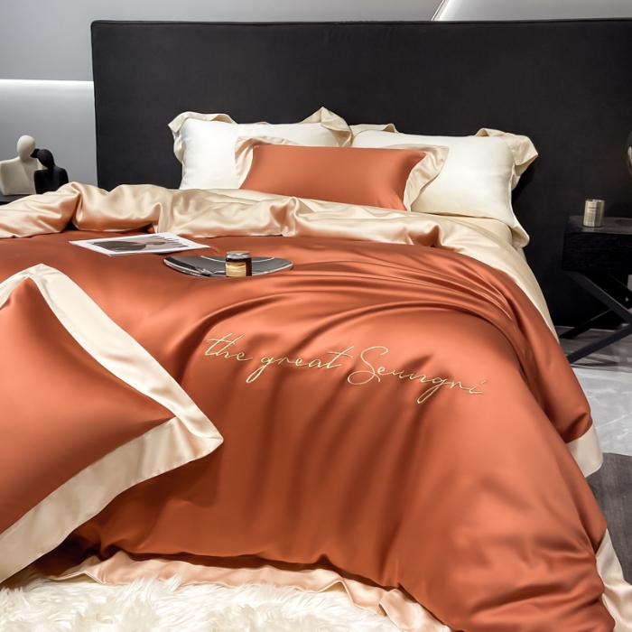 91家纺网 家纺一手货源 找家纺 春夏新品超细旦冷凝刺绣四件套100%莱赛尔高档礼盒装 焦糖咖-缦悦-超细旦