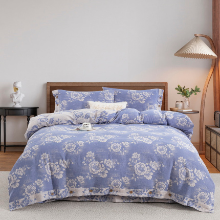 91家纺网 家纺一手货源 找家纺 2025新款全棉色织双层纱纽扣款四件套 云纱-浅兰