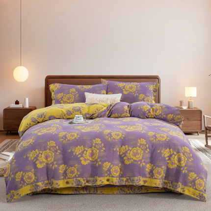 91家纺网 家纺一手货源 找家纺 （总）鲁爱 2025新款全棉色织双层纱纽扣款四件套