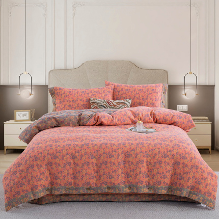 91家纺网 家纺一手货源 找家纺 （总）鲁爱 2025新款全棉色织双层纱纽扣款四件套