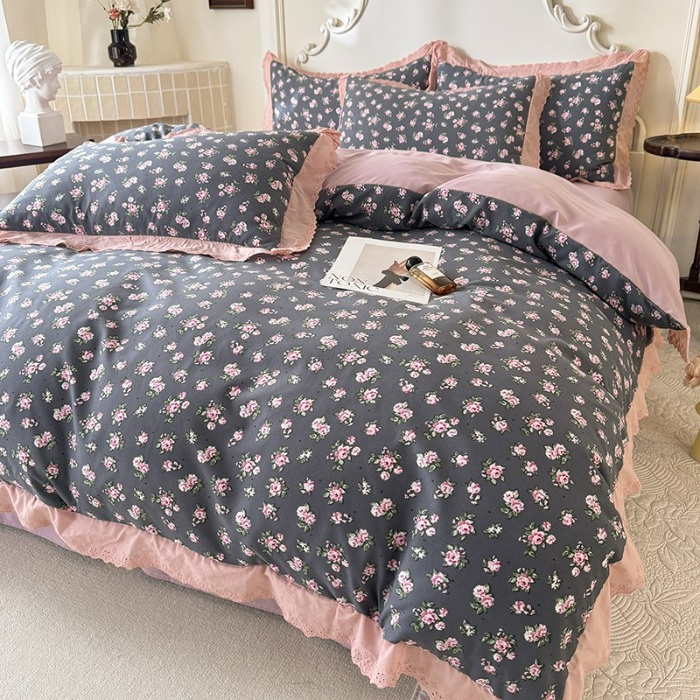 91家纺网 家纺一手货源 找家纺 苏米娜家纺2025韩版复古花边针织棉双层纱四件套A类母婴级有氧双层纱针织棉亲肤小清新印花 暗香 