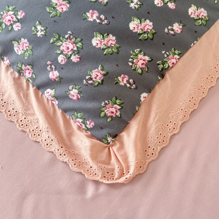 91家纺网 家纺一手货源 找家纺 苏米娜家纺2025韩版复古花边针织棉双层纱四件套A类母婴级有氧双层纱针织棉亲肤小清新印花 暗香 