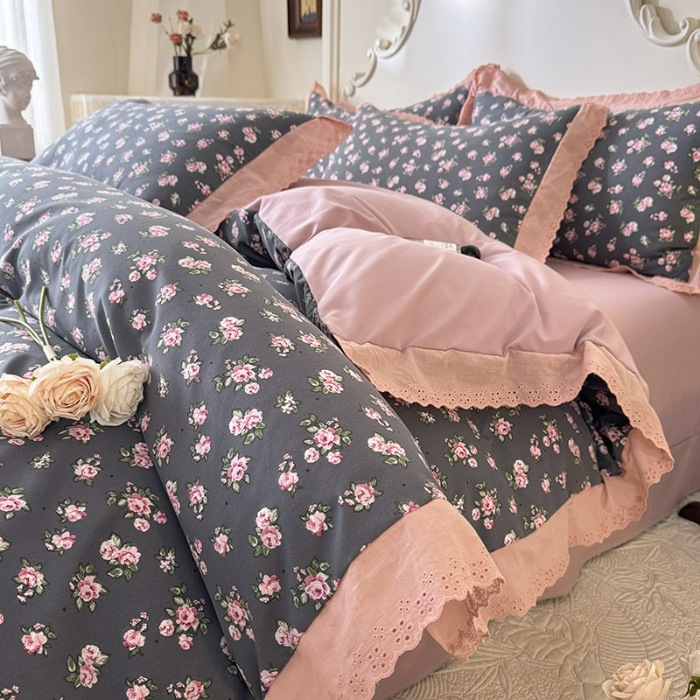 91家纺网 家纺一手货源 找家纺 苏米娜家纺2025韩版复古花边针织棉双层纱四件套A类母婴级有氧双层纱针织棉亲肤小清新印花 暗香 