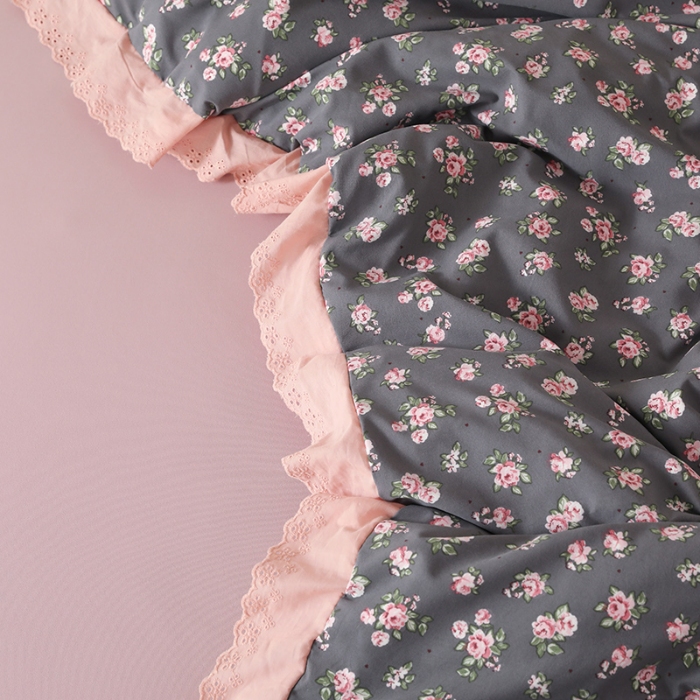 91家纺网 家纺一手货源 找家纺 苏米娜家纺2025韩版复古花边针织棉双层纱四件套A类母婴级有氧双层纱针织棉亲肤小清新印花 暗香 