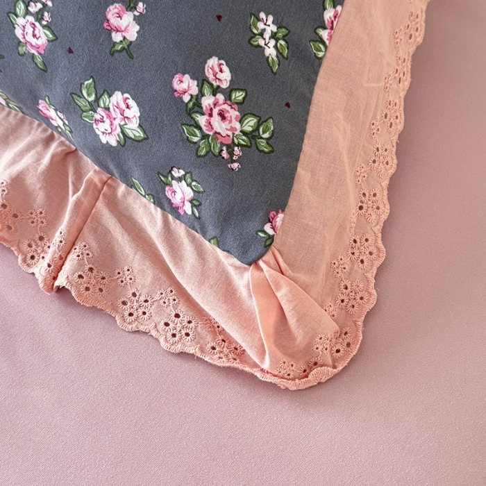 91家纺网 家纺一手货源 找家纺 苏米娜家纺2025韩版复古花边针织棉双层纱四件套A类母婴级有氧双层纱针织棉亲肤小清新印花 暗香 