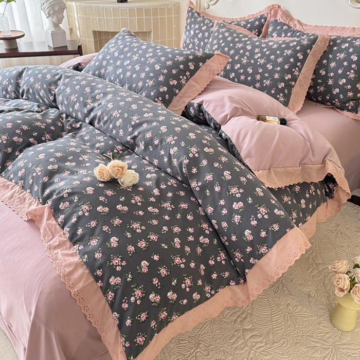 91家纺网 家纺一手货源 找家纺 苏米娜家纺2025韩版复古花边针织棉双层纱四件套A类母婴级有氧双层纱针织棉亲肤小清新印花 暗香 