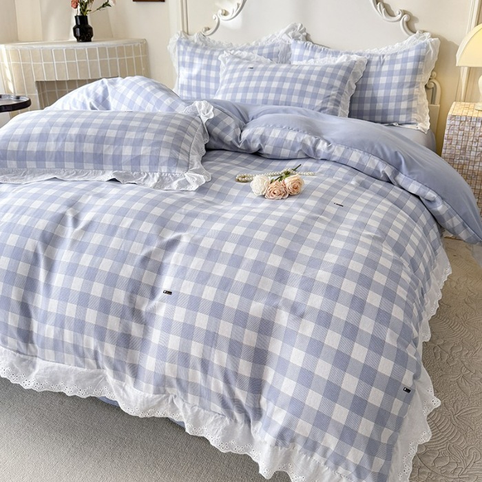 91家纺网 家纺一手货源 找家纺 苏米娜家纺2025韩版复古花边针织棉双层纱四件套A类母婴级有氧双层纱针织棉亲肤小清新印花 格调-蓝 