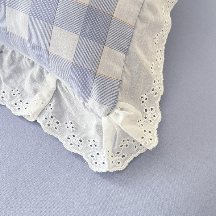 91家纺网 家纺一手货源 找家纺 苏米娜家纺2025韩版复古花边针织棉双层纱四件套A类母婴级有氧双层纱针织棉亲肤小清新印花 格调-蓝 