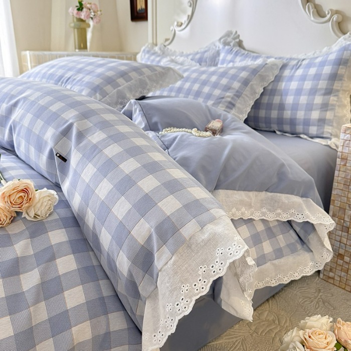 91家纺网 家纺一手货源 找家纺 苏米娜家纺2025韩版复古花边针织棉双层纱四件套A类母婴级有氧双层纱针织棉亲肤小清新印花 格调-蓝 