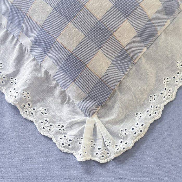 91家纺网 家纺一手货源 找家纺 苏米娜家纺2025韩版复古花边针织棉双层纱四件套A类母婴级有氧双层纱针织棉亲肤小清新印花 格调-蓝 