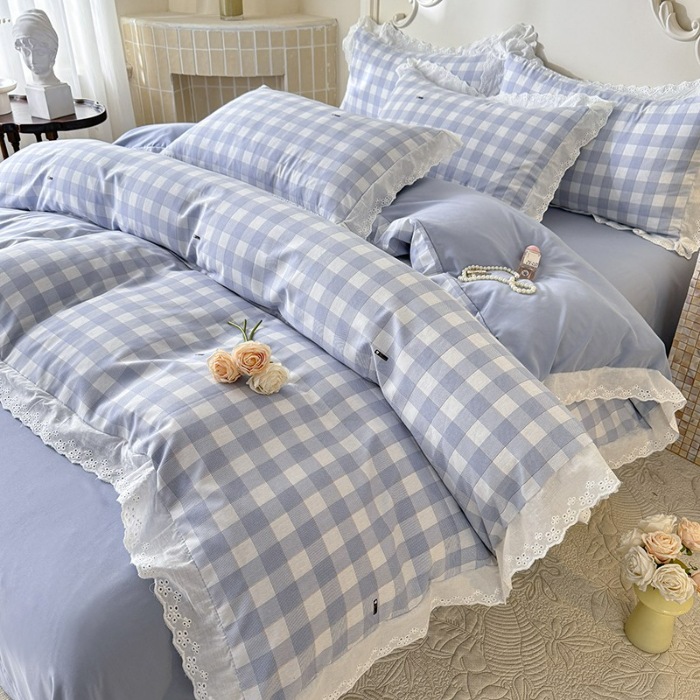 91家纺网 家纺一手货源 找家纺 苏米娜家纺2025韩版复古花边针织棉双层纱四件套A类母婴级有氧双层纱针织棉亲肤小清新印花 格调-蓝 