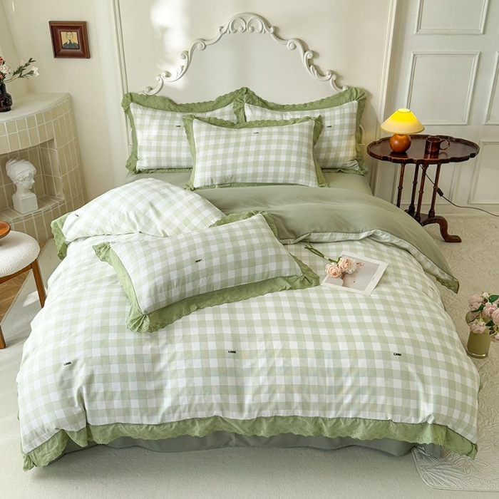 91家纺网 家纺一手货源 找家纺 苏米娜家纺2025韩版复古花边针织棉双层纱四件套A类母婴级有氧双层纱针织棉亲肤小清新印花 格调-绿