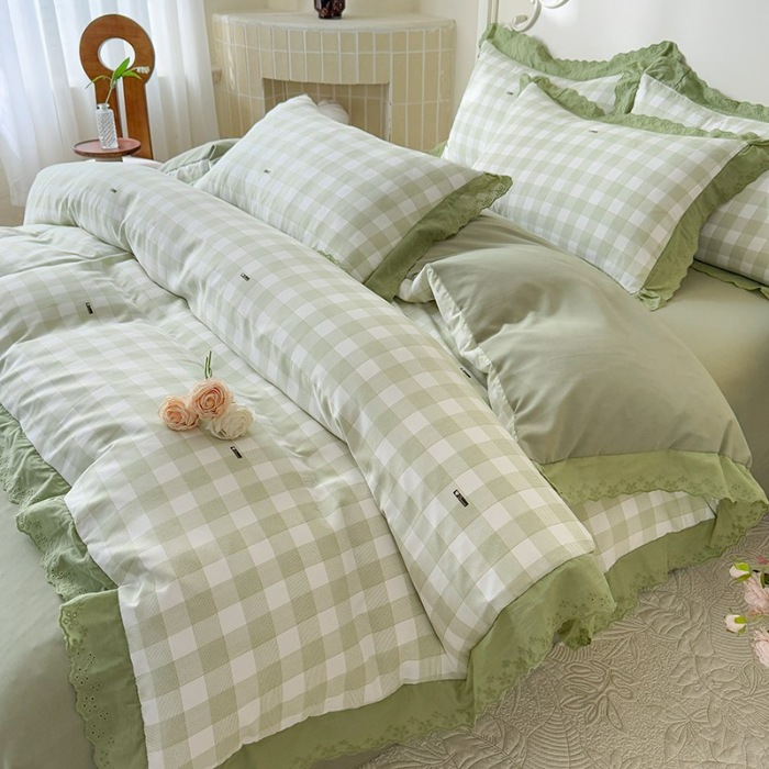 91家纺网 家纺一手货源 找家纺 苏米娜家纺2025韩版复古花边针织棉双层纱四件套A类母婴级有氧双层纱针织棉亲肤小清新印花 格调-绿