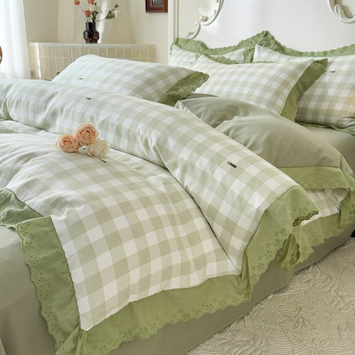 91家纺网 家纺一手货源 找家纺 苏米娜家纺2025韩版复古花边针织棉双层纱四件套A类母婴级有氧双层纱针织棉亲肤小清新印花 格调-绿