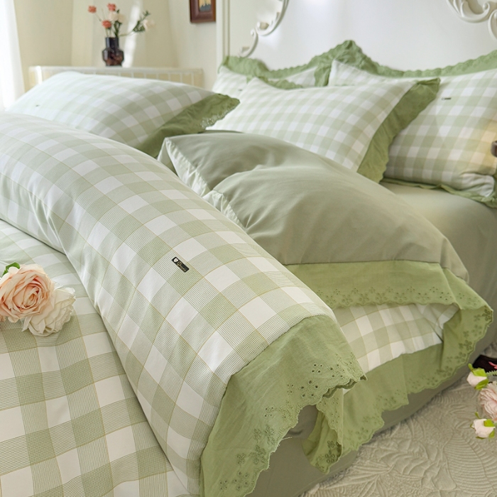 91家纺网 家纺一手货源 找家纺 苏米娜家纺2025韩版复古花边针织棉双层纱四件套A类母婴级有氧双层纱针织棉亲肤小清新印花 格调-绿