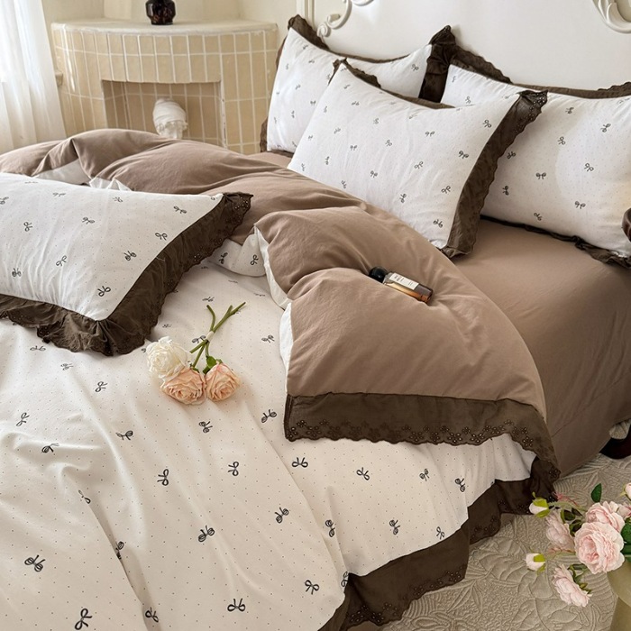 91家纺网 家纺一手货源 找家纺 苏米娜家纺2025韩版复古花边针织棉双层纱四件套A类母婴级有氧双层纱针织棉亲肤小清新印花  蝴蝶可颂 