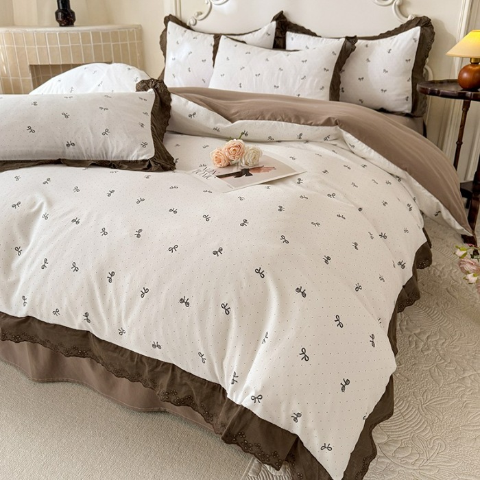 91家纺网 家纺一手货源 找家纺 苏米娜家纺2025韩版复古花边针织棉双层纱四件套A类母婴级有氧双层纱针织棉亲肤小清新印花  蝴蝶可颂 