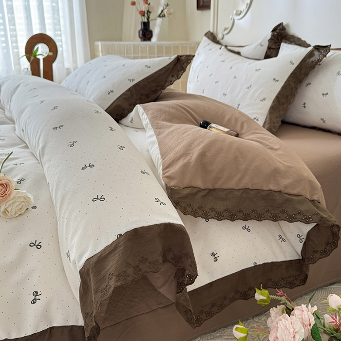 91家纺网 家纺一手货源 找家纺 苏米娜家纺2025韩版复古花边针织棉双层纱四件套A类母婴级有氧双层纱针织棉亲肤小清新印花  蝴蝶可颂 