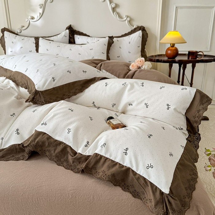 91家纺网 家纺一手货源 找家纺 苏米娜家纺2025韩版复古花边针织棉双层纱四件套A类母婴级有氧双层纱针织棉亲肤小清新印花  蝴蝶可颂 