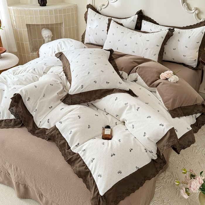 91家纺网 家纺一手货源 找家纺 苏米娜家纺2025韩版复古花边针织棉双层纱四件套A类母婴级有氧双层纱针织棉亲肤小清新印花  蝴蝶可颂 