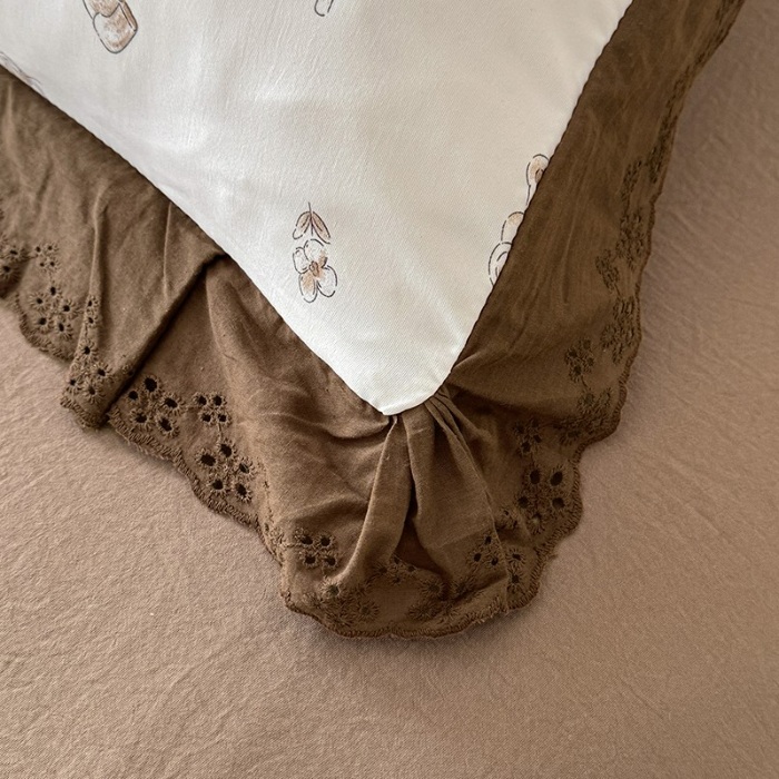 91家纺网 家纺一手货源 找家纺 苏米娜家纺2025韩版复古花边针织棉双层纱四件套A类母婴级有氧双层纱针织棉亲肤小清新印花 欢乐熊 