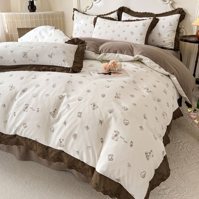 91家纺网 家纺一手货源 找家纺 苏米娜家纺2025韩版复古花边针织棉双层纱四件套A类母婴级有氧双层纱针织棉亲肤小清新印花 欢乐熊 