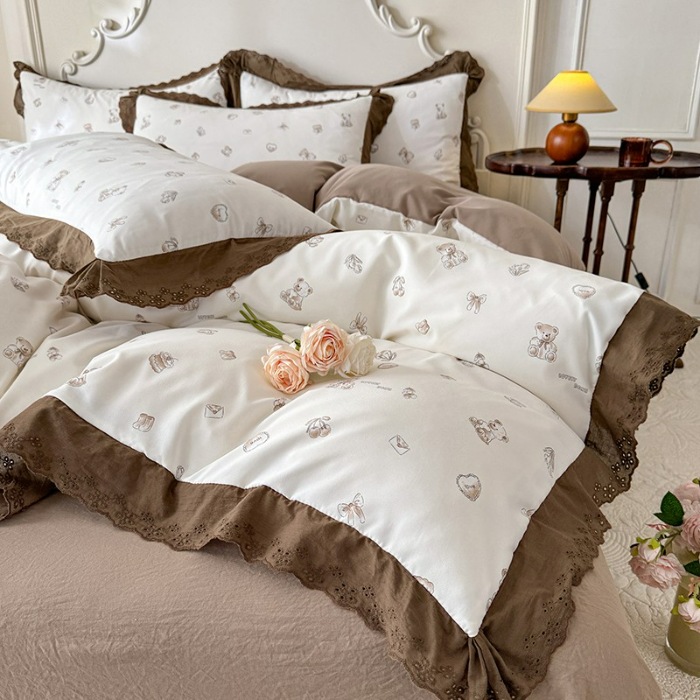 91家纺网 家纺一手货源 找家纺 苏米娜家纺2025韩版复古花边针织棉双层纱四件套A类母婴级有氧双层纱针织棉亲肤小清新印花 欢乐熊 