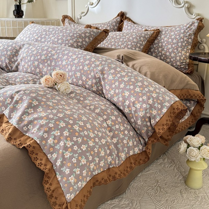 91家纺网 家纺一手货源 找家纺 苏米娜家纺2025韩版复古花边针织棉双层纱四件套A类母婴级有氧双层纱针织棉亲肤小清新印花 莱茵花园 