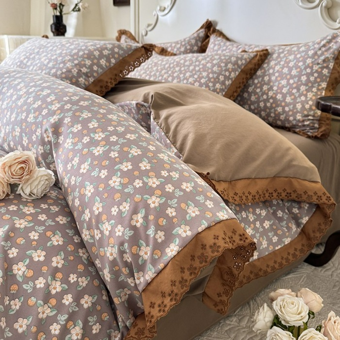 91家纺网 家纺一手货源 找家纺 苏米娜家纺2025韩版复古花边针织棉双层纱四件套A类母婴级有氧双层纱针织棉亲肤小清新印花 莱茵花园 