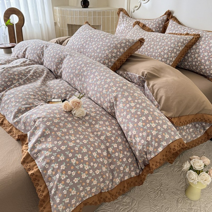 91家纺网 家纺一手货源 找家纺 苏米娜家纺2025韩版复古花边针织棉双层纱四件套A类母婴级有氧双层纱针织棉亲肤小清新印花 莱茵花园 