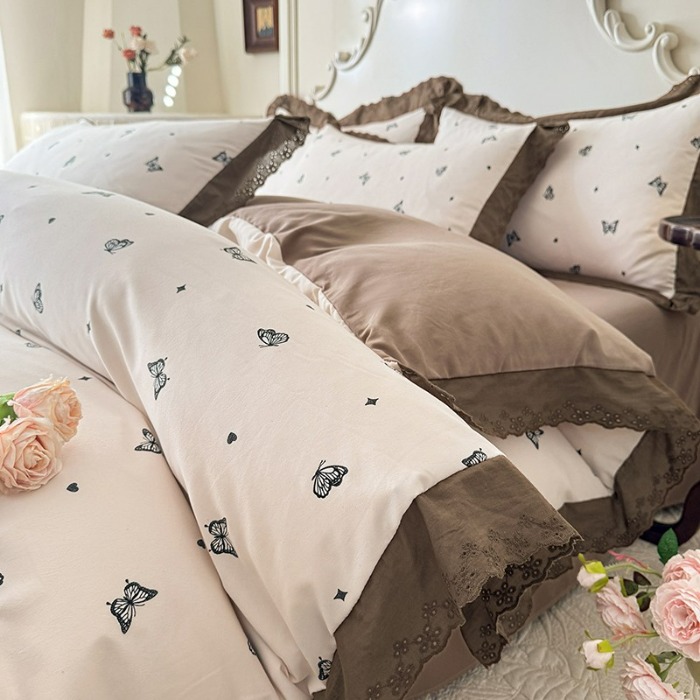 91家纺网 家纺一手货源 找家纺 苏米娜家纺2025韩版复古花边针织棉双层纱四件套A类母婴级有氧双层纱针织棉亲肤小清新印花 梦蝶 