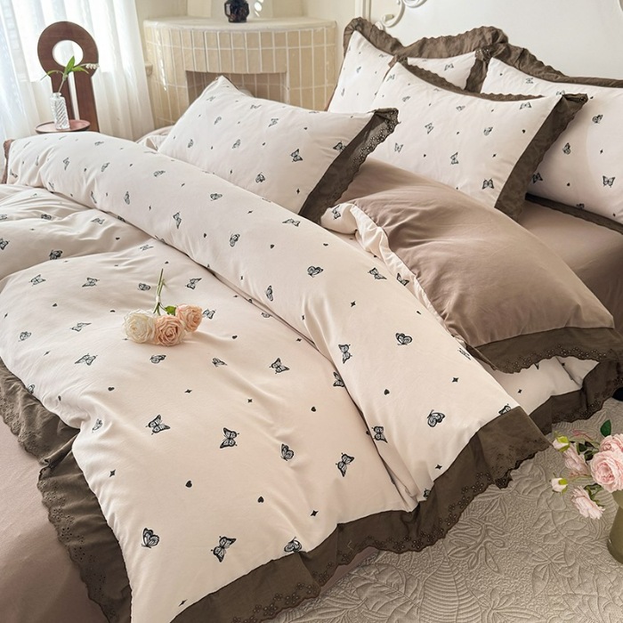 91家纺网 家纺一手货源 找家纺 苏米娜家纺2025韩版复古花边针织棉双层纱四件套A类母婴级有氧双层纱针织棉亲肤小清新印花 梦蝶 