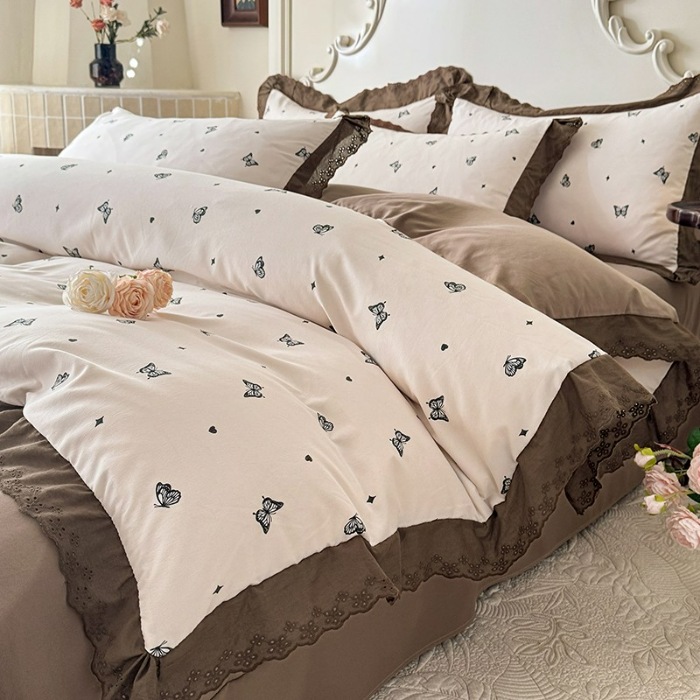 91家纺网 家纺一手货源 找家纺 苏米娜家纺2025韩版复古花边针织棉双层纱四件套A类母婴级有氧双层纱针织棉亲肤小清新印花 梦蝶 