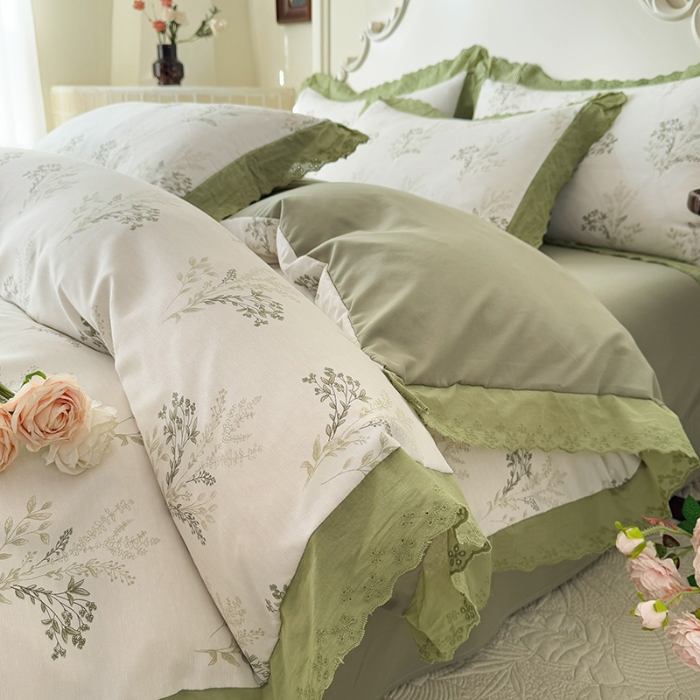 91家纺网 家纺一手货源 找家纺 苏米娜家纺2025韩版复古花边针织棉双层纱四件套A类母婴级有氧双层纱针织棉亲肤小清新印花 莫奈