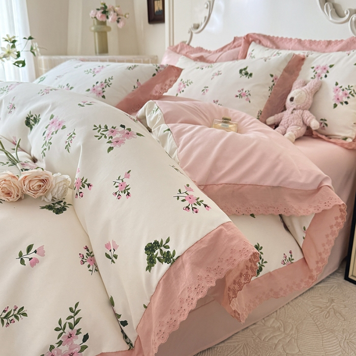 91家纺网 家纺一手货源 找家纺 苏米娜家纺2025韩版复古花边针织棉双层纱四件套A类母婴级有氧双层纱针织棉亲肤小清新印花  清欢 