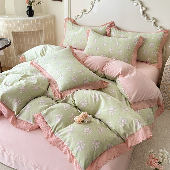 91家纺网 家纺一手货源 找家纺 苏米娜家纺2025韩版复古花边针织棉双层纱四件套A类母婴级有氧双层纱针织棉亲肤小清新印花 若曦-绿 