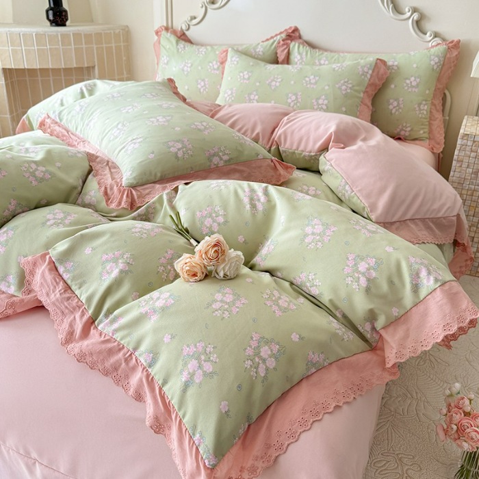 91家纺网 家纺一手货源 找家纺 苏米娜家纺2025韩版复古花边针织棉双层纱四件套A类母婴级有氧双层纱针织棉亲肤小清新印花 若曦-绿 