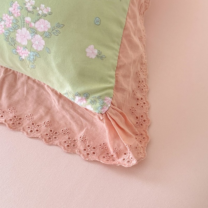 91家纺网 家纺一手货源 找家纺 苏米娜家纺2025韩版复古花边针织棉双层纱四件套A类母婴级有氧双层纱针织棉亲肤小清新印花 若曦-绿 