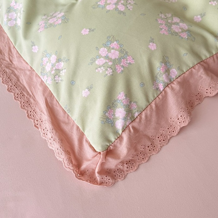 91家纺网 家纺一手货源 找家纺 苏米娜家纺2025韩版复古花边针织棉双层纱四件套A类母婴级有氧双层纱针织棉亲肤小清新印花 若曦-绿 