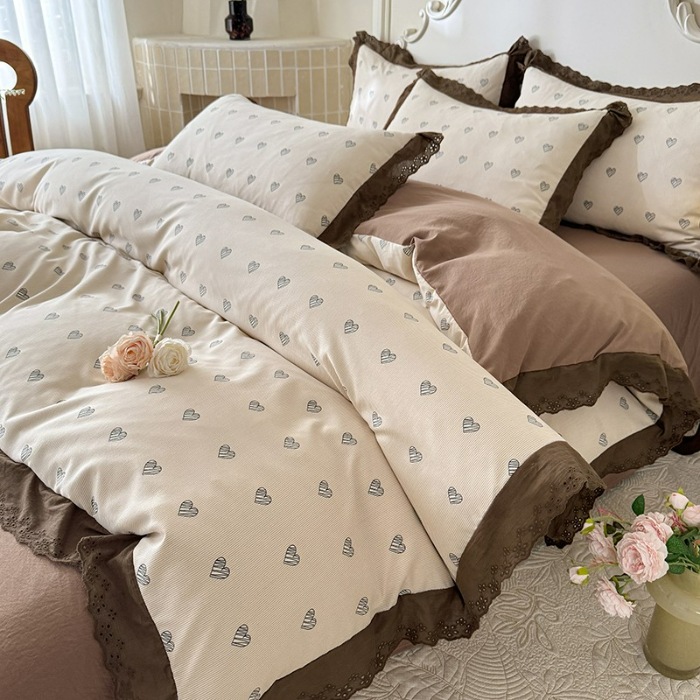 91家纺网 家纺一手货源 找家纺 苏米娜家纺2025韩版复古花边针织棉双层纱四件套A类母婴级有氧双层纱针织棉亲肤小清新印花 心愿-咖