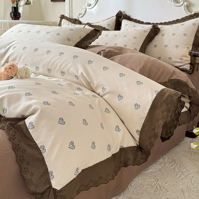 91家纺网 家纺一手货源 找家纺 苏米娜家纺2025韩版复古花边针织棉双层纱四件套A类母婴级有氧双层纱针织棉亲肤小清新印花 心愿-咖