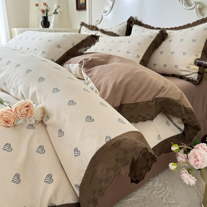 91家纺网 家纺一手货源 找家纺 苏米娜家纺2025韩版复古花边针织棉双层纱四件套A类母婴级有氧双层纱针织棉亲肤小清新印花 心愿-咖