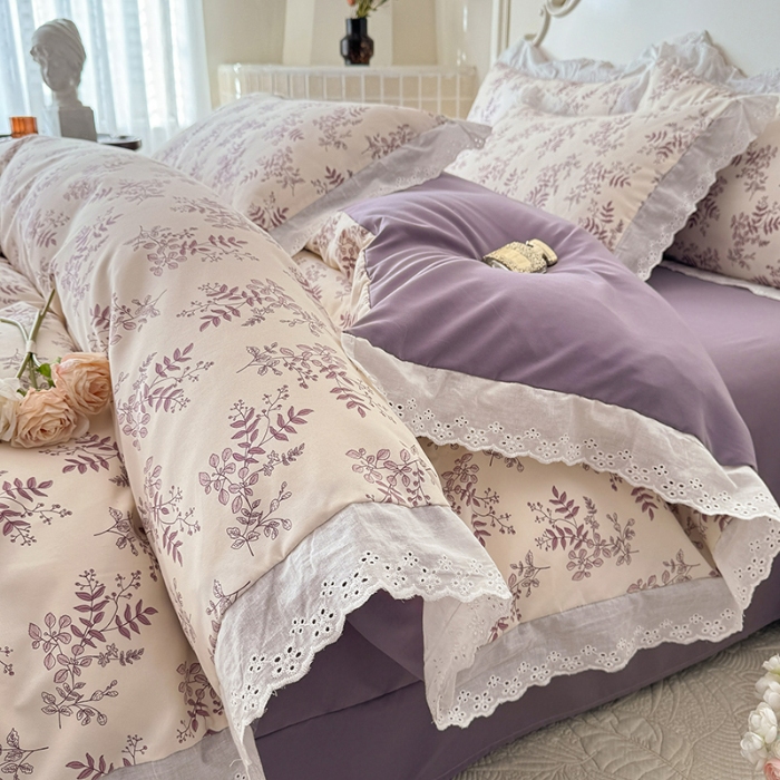 91家纺网 家纺一手货源 找家纺 苏米娜家纺2025韩版复古花边针织棉双层纱四件套A类母婴级有氧双层纱针织棉亲肤小清新印花  紫藤 