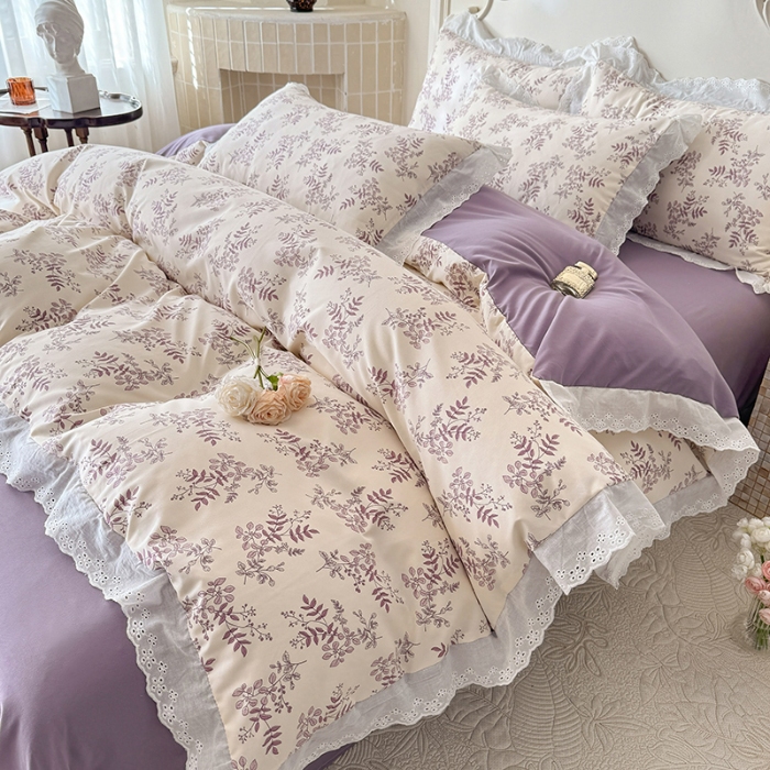 91家纺网 家纺一手货源 找家纺 苏米娜家纺2025韩版复古花边针织棉双层纱四件套A类母婴级有氧双层纱针织棉亲肤小清新印花  紫藤 