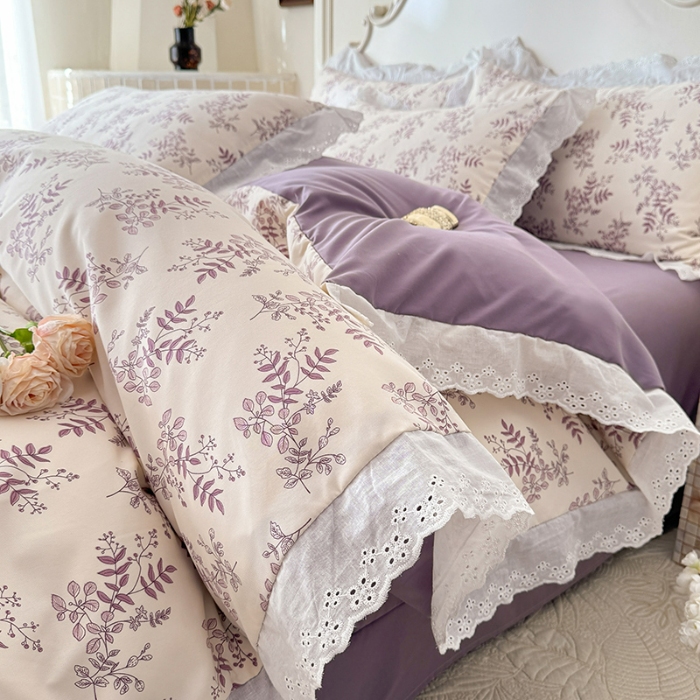 91家纺网 家纺一手货源 找家纺 苏米娜家纺2025韩版复古花边针织棉双层纱四件套A类母婴级有氧双层纱针织棉亲肤小清新印花  紫藤 