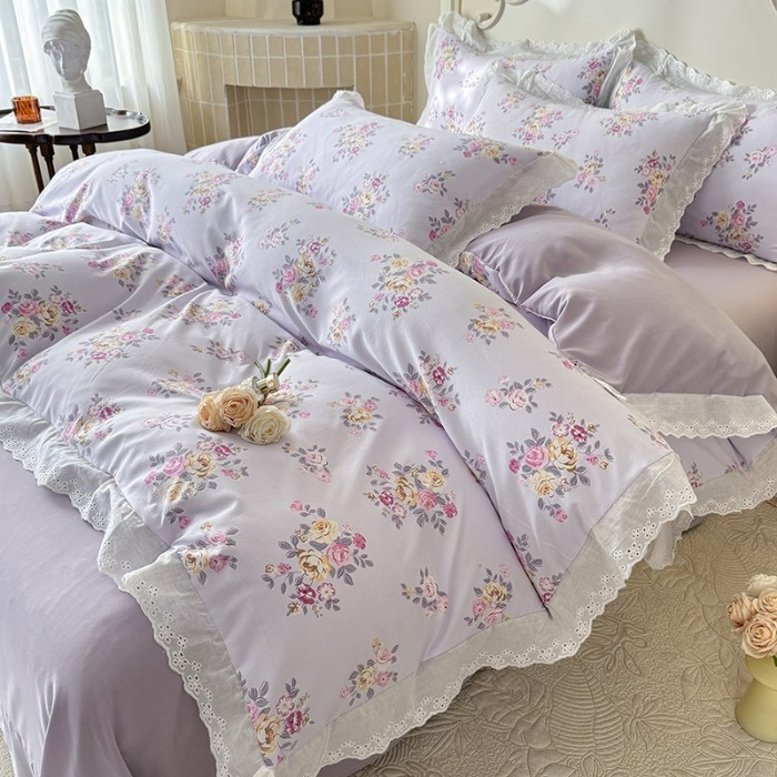 91家纺网 家纺一手货源 找家纺 苏米娜家纺2025韩版复古花边针织棉双层纱四件套A类母婴级有氧双层纱针织棉亲肤小清新印花 紫韵 