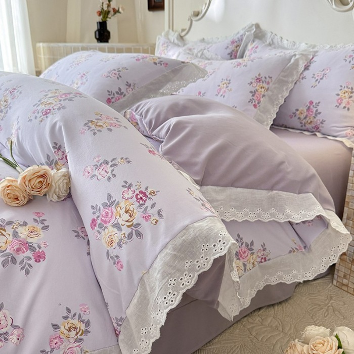 91家纺网 家纺一手货源 找家纺 苏米娜家纺2025韩版复古花边针织棉双层纱四件套A类母婴级有氧双层纱针织棉亲肤小清新印花 紫韵 