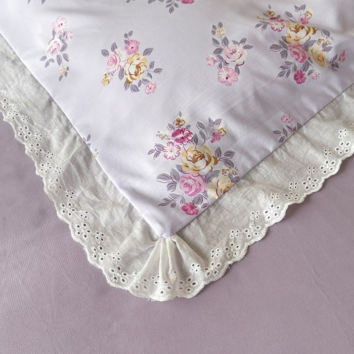 91家纺网 家纺一手货源 找家纺 苏米娜家纺2025韩版复古花边针织棉双层纱四件套A类母婴级有氧双层纱针织棉亲肤小清新印花 紫韵 